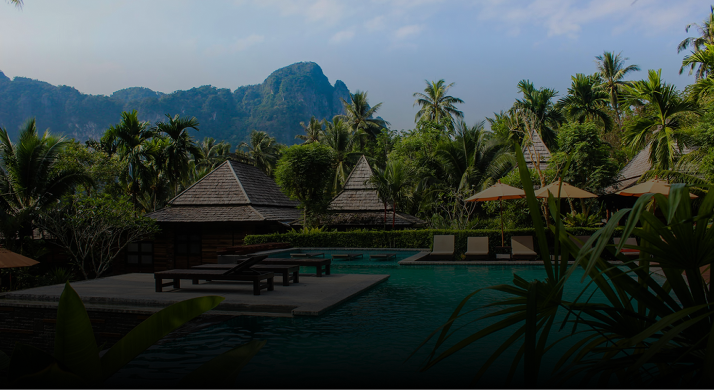 A quiet tropical resort surrounded by palms